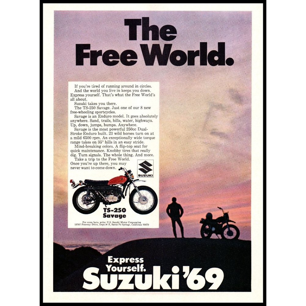 1969 Suzuki TS-250 Savage Motorcycle Vintage Print Ad Sunset Clouds Sky Photo